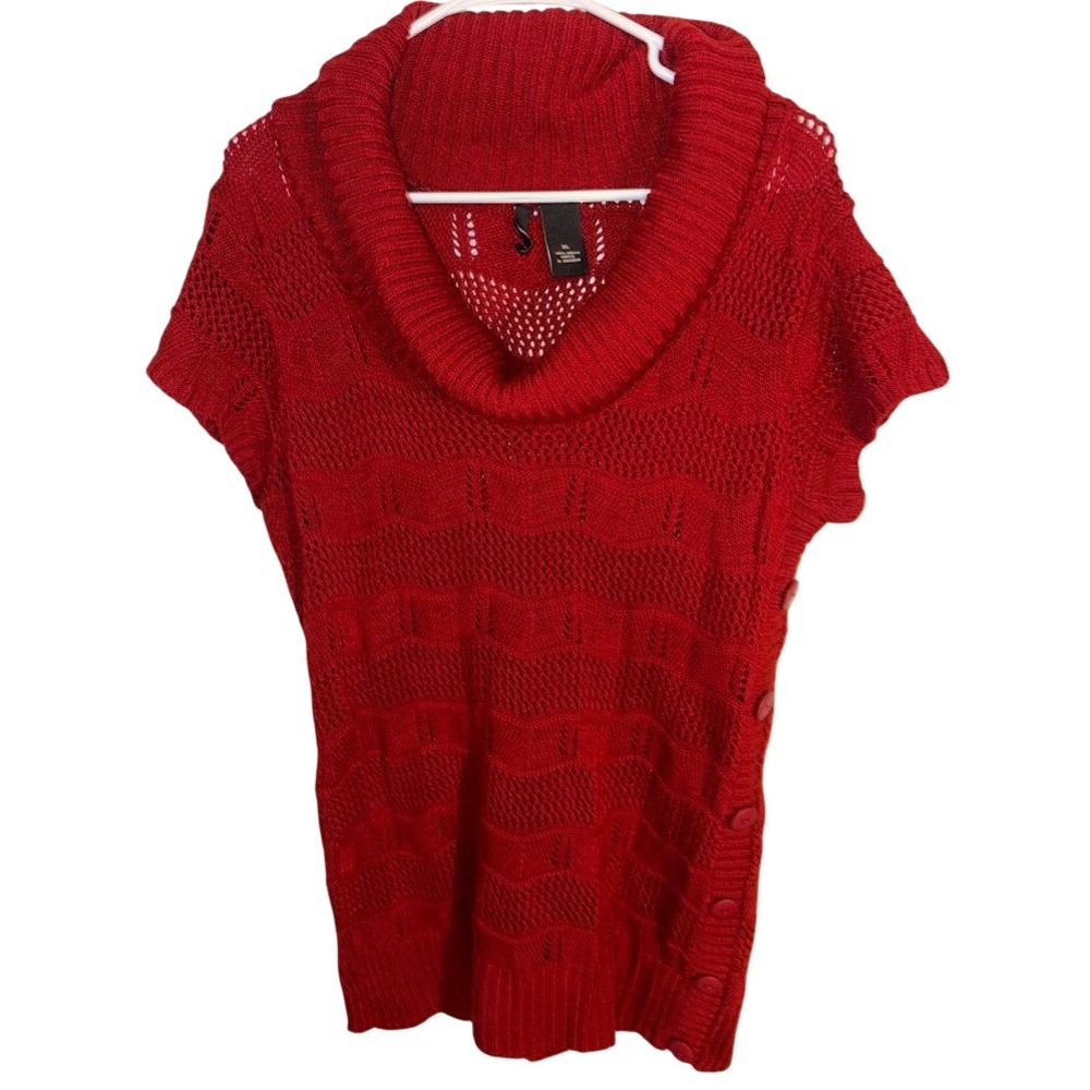 New Directions Red Cowl Neck Short Sleeve Textured Knit Sweater Side Button XL